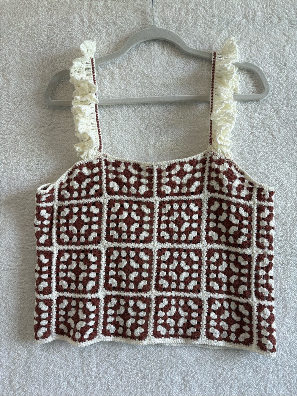 Marine Layer Cora Crochet Granny Square Tank Top Brown & Cream Size Large